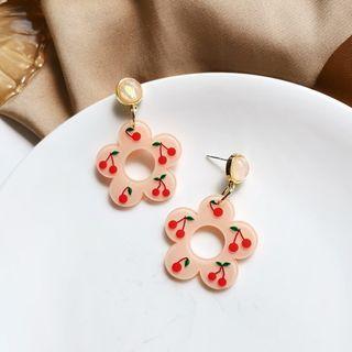 Flower Drop Earring 1 Pair - Stud Earrings - Pink & Red & Green - One Size