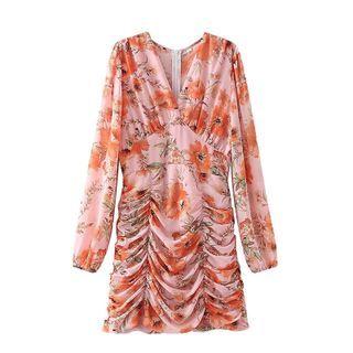 Long-sleeve Floral Print Runched Sheath Dress