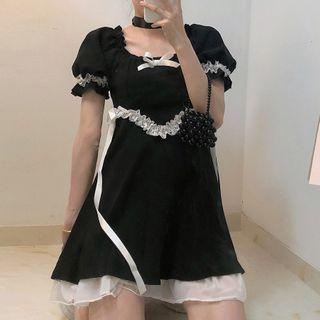 Balloon-sleeve Lace Ruffled A-line Dress