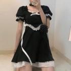 Balloon-sleeve Lace Ruffled A-line Dress