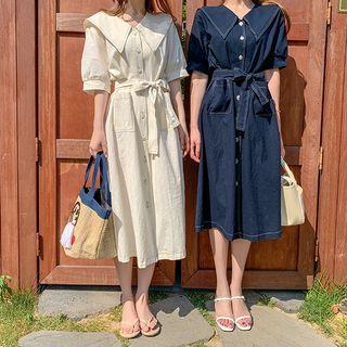 Wide-collar Stitched Shirtdress With Sash