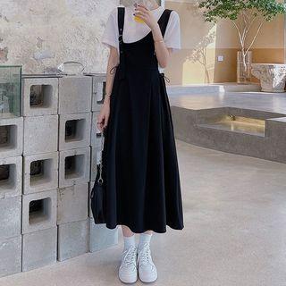 Set: Short-sleeve Plain T-shirt + Drawstring Midi Overall Dress