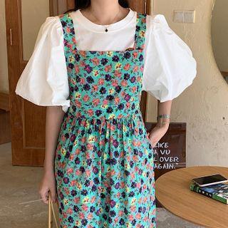 Set : Print Puff-sleeve T-shirt + Floral Spaghetti-strap Dress
