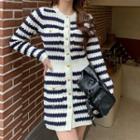 Long-sleeve Striped Knit Mini Sheath Dress Stripes - Black & White - One Size