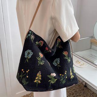Floral Embroidered Canvas Tote Bag Black - One Size