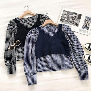 Set:color-block Plaid Long-sleeve Blouse + Plain V-neck Lace-up Knit Vest