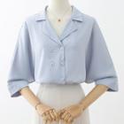 Elbow-sleeve Notch Lapel Double-breasted Blouse