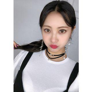Striped Puff-sleeve Rib-knit Top