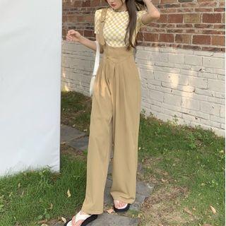 Checkerboard T-shirt / Suspender Wide Leg Pants