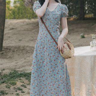 Floral Puff-sleeve Lace Trim V-neck Midi A-line Dress