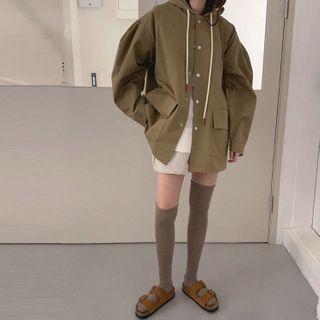 Hooded Button Jacket Khaki Green - One Size