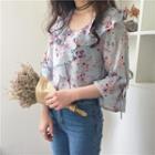 Loose-fit Ruffle Collar Floral Chiffon Top