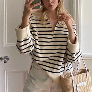 Long Sleeve Collar Striped Loose-fit Sweater