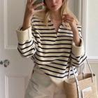 Long Sleeve Collar Striped Loose-fit Sweater