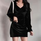 Long-sleeve Shirred Velvet Mini Sheath Dress