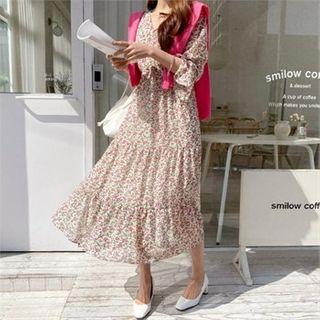 Floral Print Gathered-waist Midi Dress
