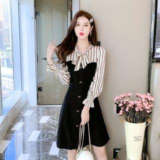 Tie-neck Chain Striped Mock Two-piece Dress