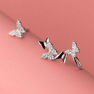 Butterfly Rhinestone Asymmetrical Sterling Silver Earring 1 Pair - S925 Silver - Silver - One Size
