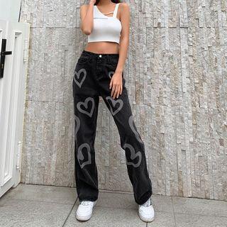 High-waist Heart Print Straight-fit Jeans