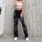 High-waist Heart Print Straight-fit Jeans