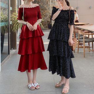 Shirred Trim Off-should Elbow-sleeve Midi Layered Dress