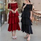Shirred Trim Off-should Elbow-sleeve Midi Layered Dress