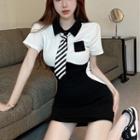 Short-sleeve Two-tone Mini Shirt Dress