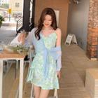 V-neck Floral Pleated A-line Mini Dress / Plain Cardigan