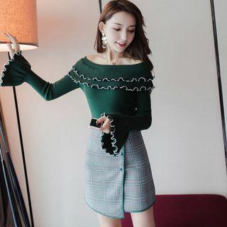 Set: Ruffle Trim Knit Top + Plaid A-line Skirt