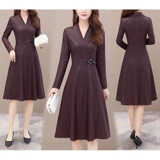 Dotted V-neck Long-sleeve A-line Dress