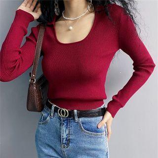 U-neck Plain Knit Long-sleeve Top