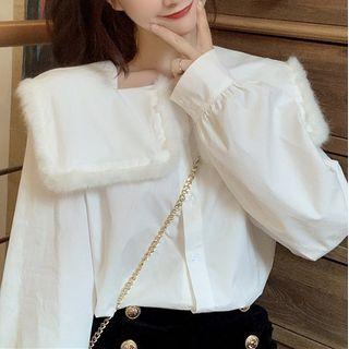 Long-sleeve Faux Fur Trim Shirt White - One Size