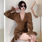 Bell-sleeve V-neck Ruffle Hem Mini Sheath Dress