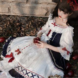 Set: Puff-sleeve Lace Panel A-line Dress + Choker