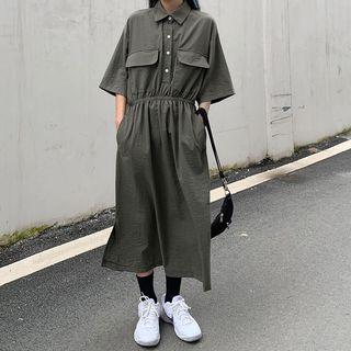 Elbow-sleeve Midi Cargo Dress