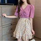 Set: Plain Ruched-front Blouse + Floral Skirt
