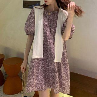 Short-sleeve Floral Print Mini Dress / Shawl