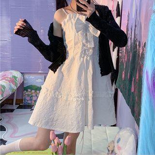 Spaghetti Strap Bow Accent Lace Trim Mini A-line Dress White - One Size