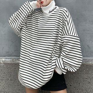 Embroidered Turtleneck Striped Sweatshirt