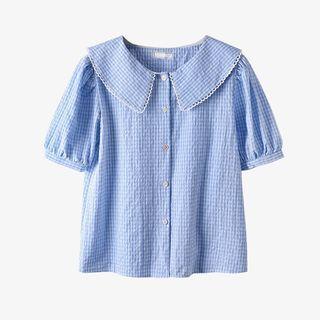 Elbow-sleeve Collar Plaid Blouse