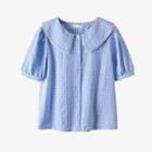 Elbow-sleeve Collar Plaid Blouse