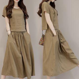 Set: Short-sleeve Buttoned Linen Top + A-line Midi Skirt