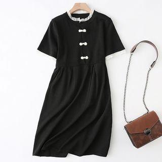 Lace Trim Short-sleeve Knit A-line Dress Black - One Size
