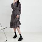 Turtleneck Long-sleeve T-shirt / Flower Print Long-sleeve Midi A-line Dress