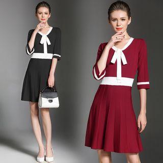 Elbow-sleeve Bow Tie-waist A-line Sheath V-neck Slim Dress