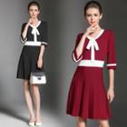 Elbow-sleeve Bow Tie-waist A-line Sheath V-neck Slim Dress