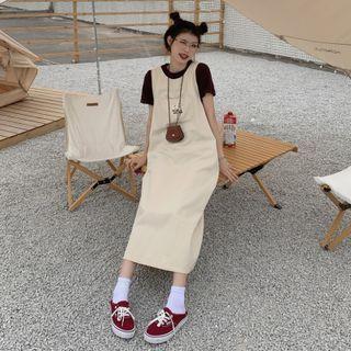 Round-neck Plain Top / Flower Embroidered Sleeveless Dress