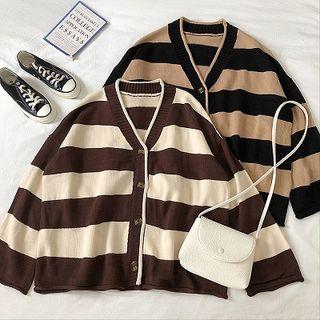 Color-block Striped V-neck Long-sleeve Cardigan