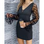 Long-sleeve Dotted Mesh Mini Bodycon Dress