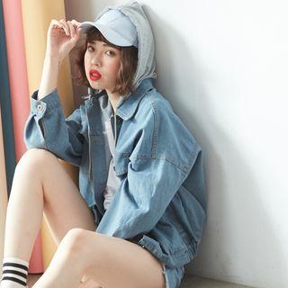 Contrast Hood Buttoned Denim Jacket
